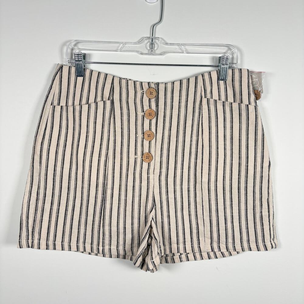 Maurices Natural Linen Cotton Neutral Stripe Wooden Button High Waisted Shorts
